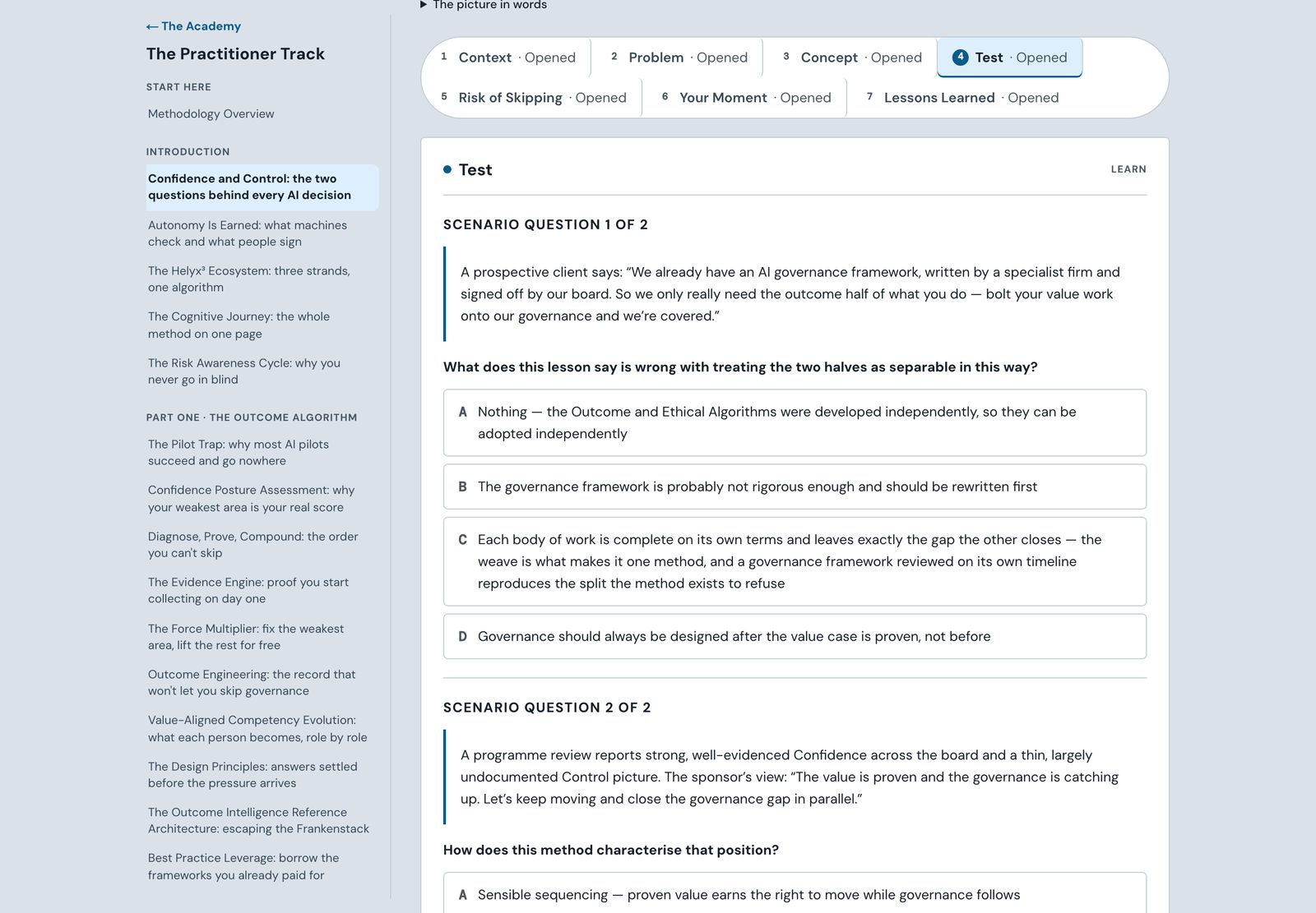 Scenario questions in a lesson test